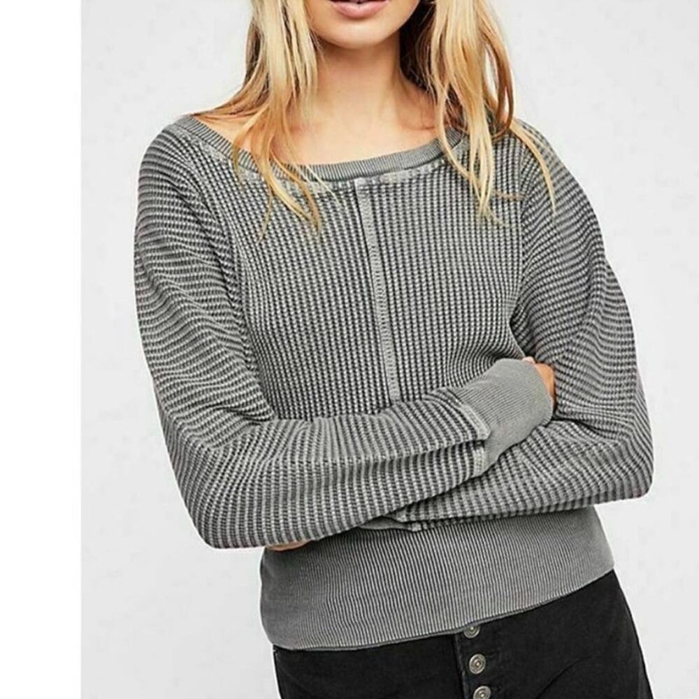 Free People Gray Ribbed Pullover Sweater
